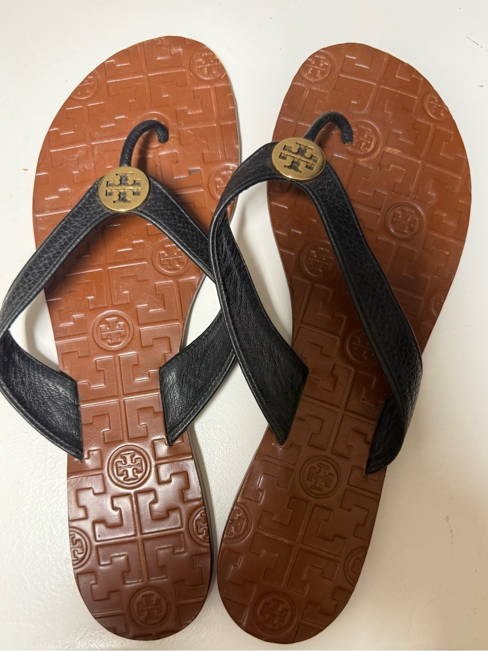 Tory Burch Black Leather and Brown Rubber Logo Flip Flop Sandals